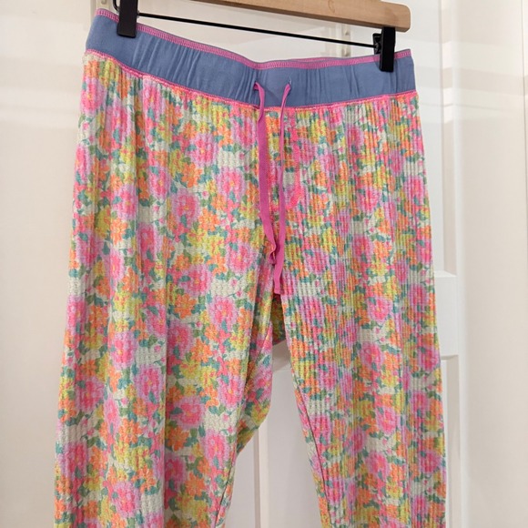 Natural Life Floral Waffle Knit Jogger Pajama Pants Blue Pink Orange Medium Boho - Picture 2 of 4